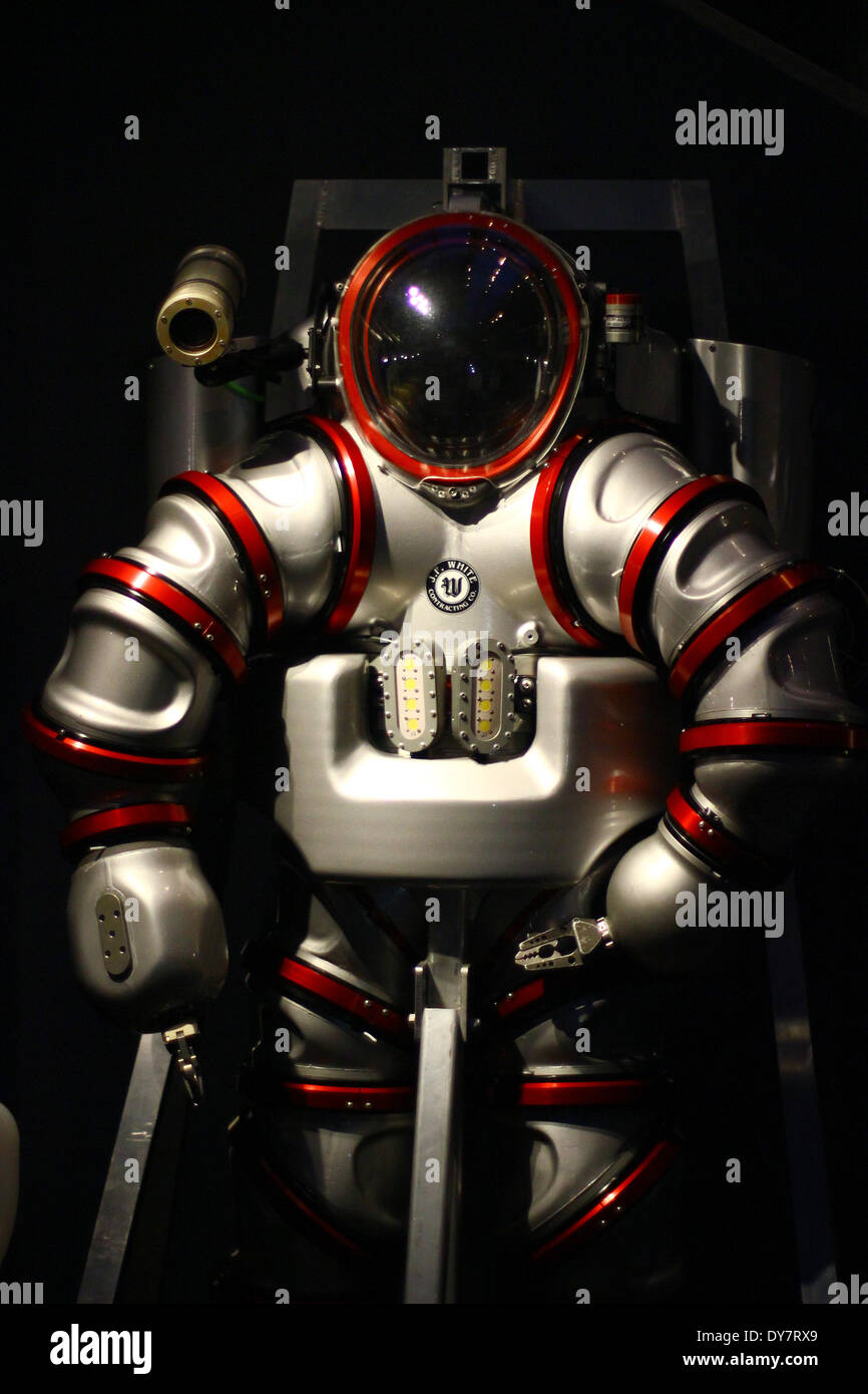 New York, USA. 26th Feb, 2014. The so-called 'Exosuit', a deep sea diving suit, is on display at the American Museum of National History in New York, USA, 26 February 2014. A team of US-American scientists are planning to use the Exosuit to revolutionise the research of fauna and maritime animals at great depths in oceans around the world. Photo: Julian Kutzim/dpa/Alamy Live News Stock Photo