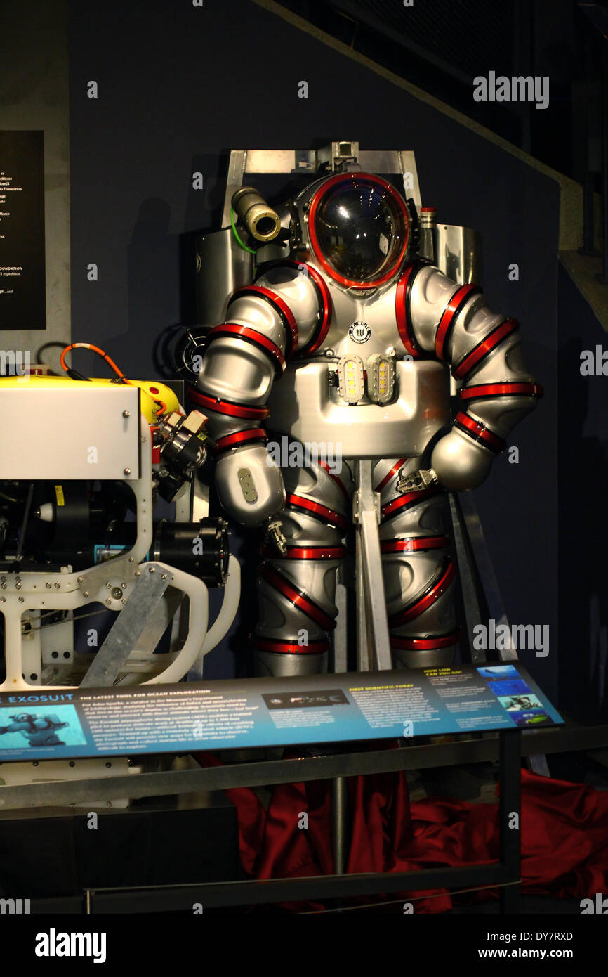 New York, USA. 26th Feb, 2014. The so-called 'Exosuit', a deep sea diving suit, is on display at the American Museum of National History in New York, USA, 26 February 2014. A team of US-American scientists are planning to use the Exosuit to revolutionise the research of fauna and maritime animals at great depths in oceans around the world. Photo: Julian Kutzim/dpa/Alamy Live News Stock Photo