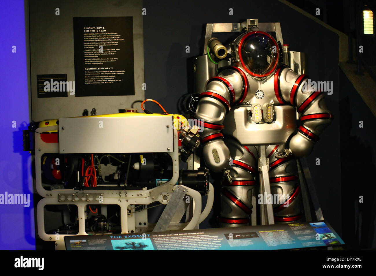 New York, USA. 26th Feb, 2014. The so-called 'Exosuit', a deep sea diving suit, is on display at the American Museum of National History in New York, USA, 26 February 2014. A team of US-American scientists are planning to use the Exosuit to revolutionise the research of fauna and maritime animals at great depths in oceans around the world. Photo: Julian Kutzim/dpa/Alamy Live News Stock Photo
