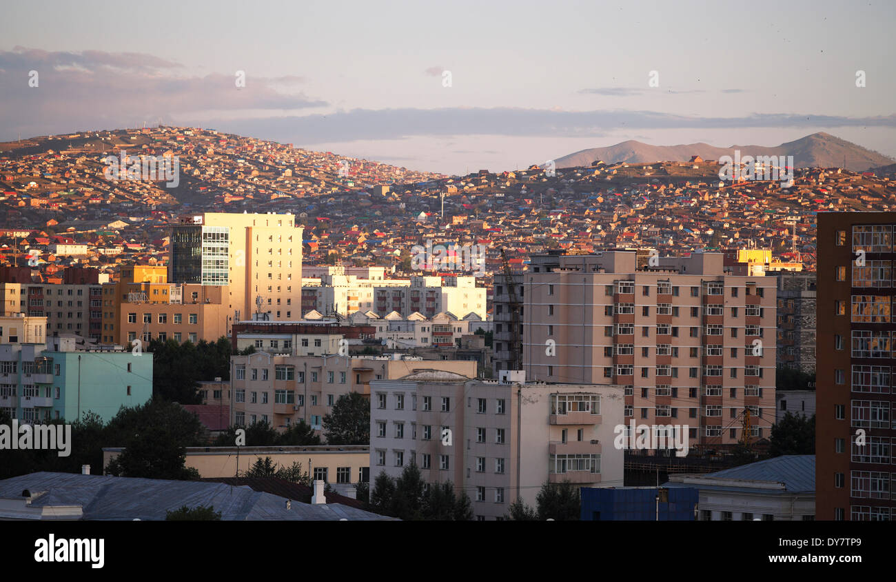 Cityscape in the evening light, Ulan Bator or Ulaanbaatar, Mongolia Stock Photo