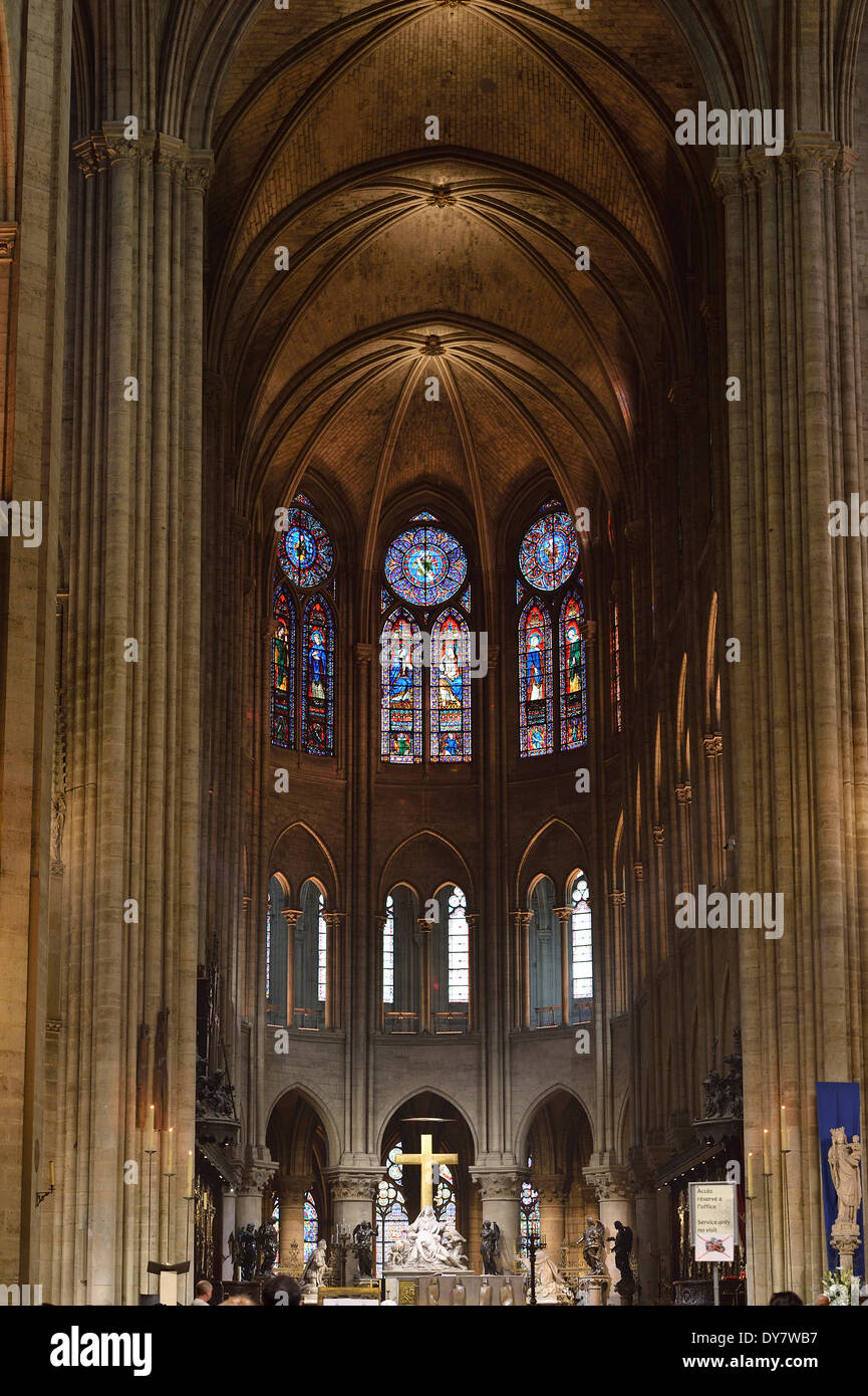 Choir, altar, nave, NotreDame de Paris, Ile de la Cité, Paris, IledeFrance, France Stock