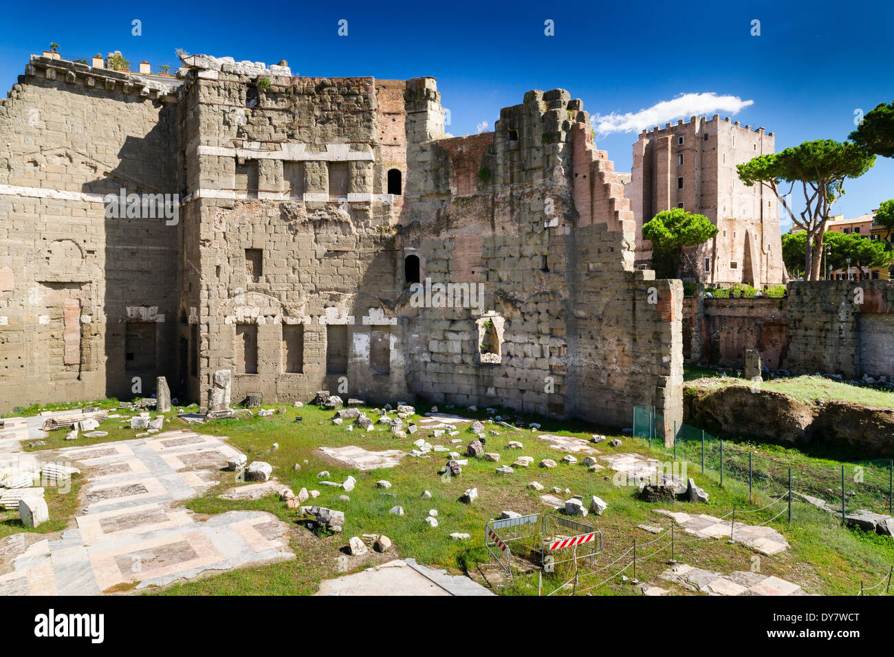 Temple of Mars Ultor, Forum of Augustus, Foro di Augusto, Imperial Forums, Torre dei Conti tower at the back, Rome, Lazio, Italy Stock Photo
