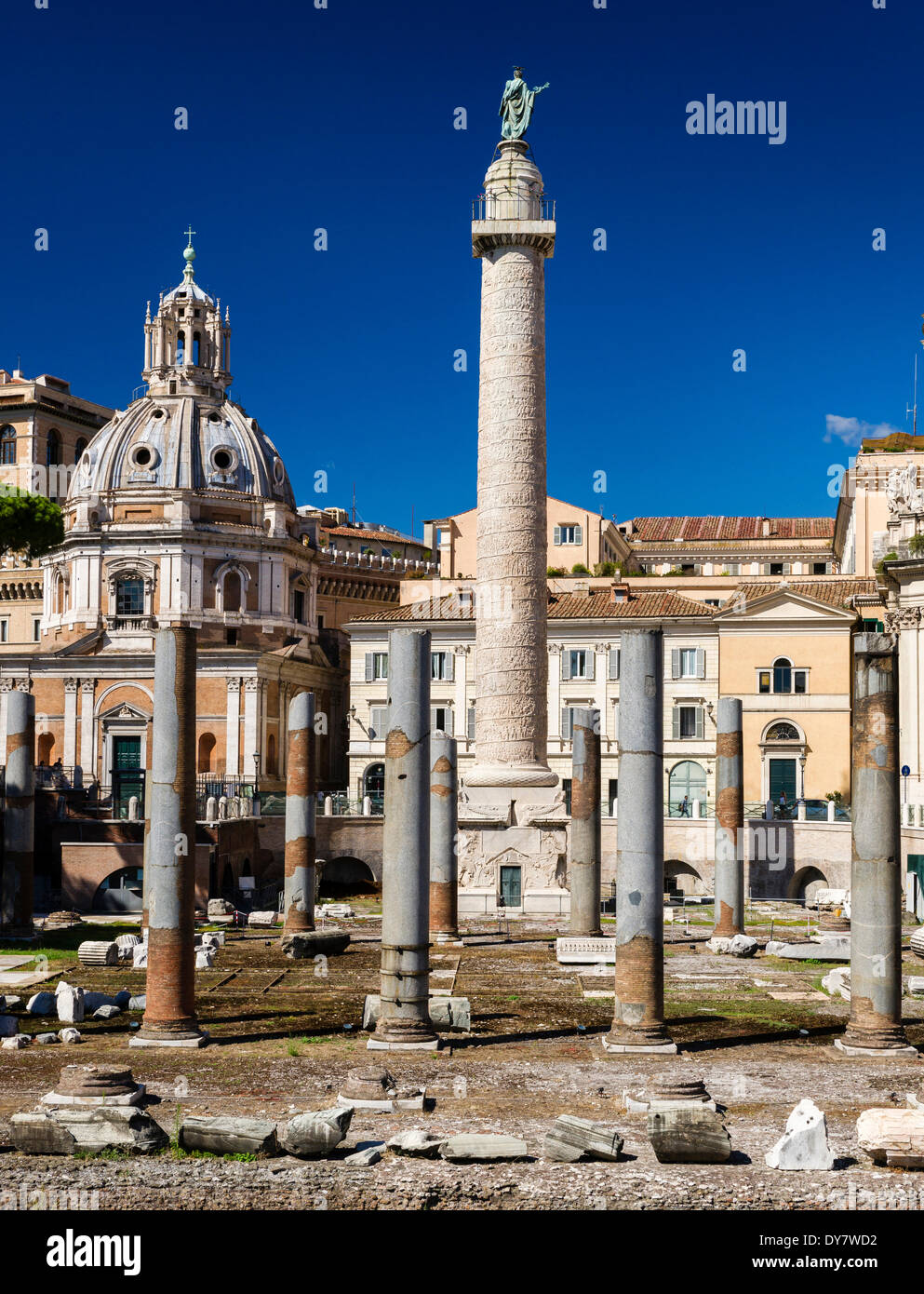 Foro di Traiano or Trajan's Forum, Trajan's Column and columns of Basilica Ulpia, Imperial Forums, Santa Maria di Loreto at the Stock Photo