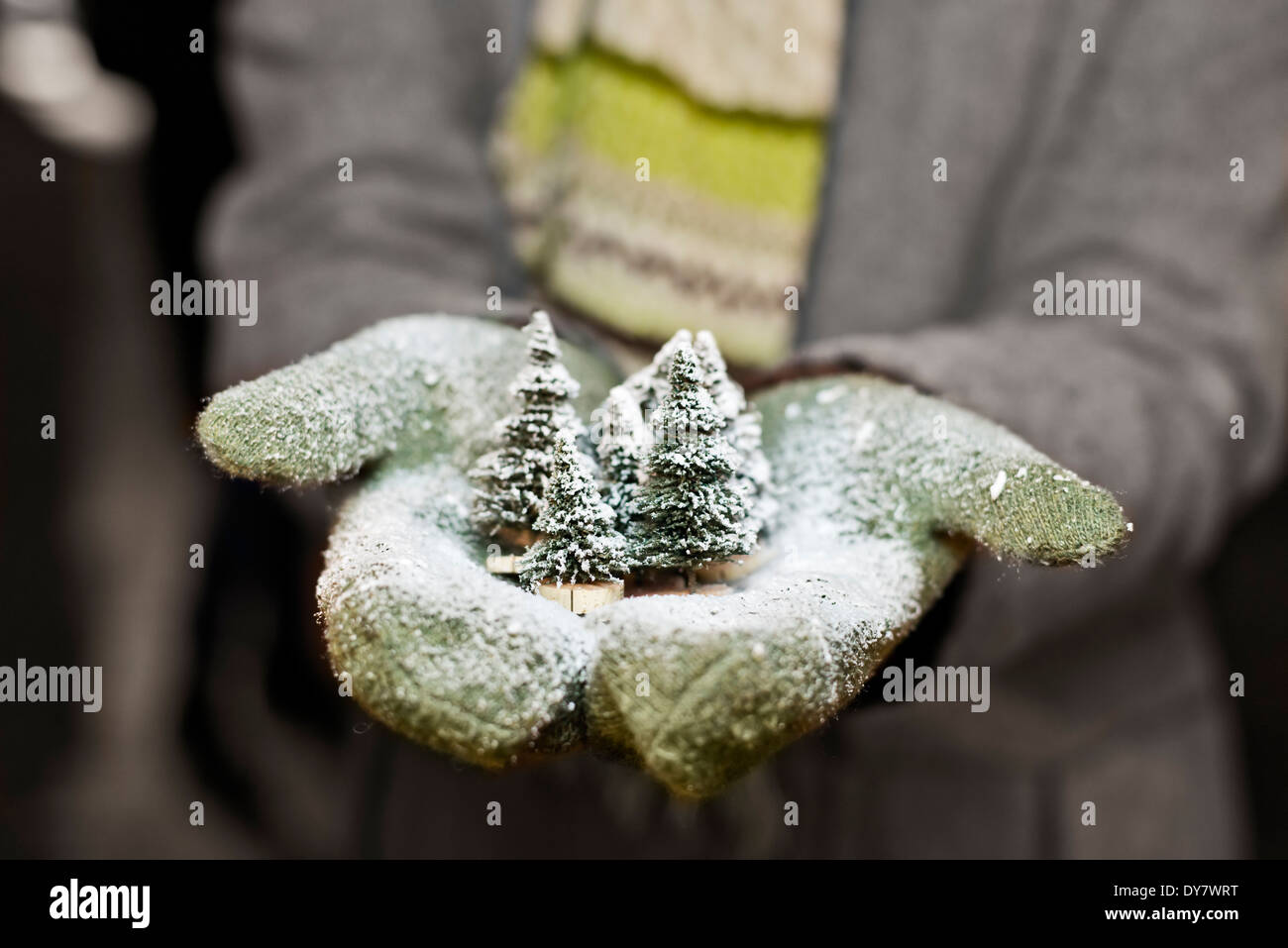 Young woman with gloves holding Christmas decoration, partial view Stock Photo