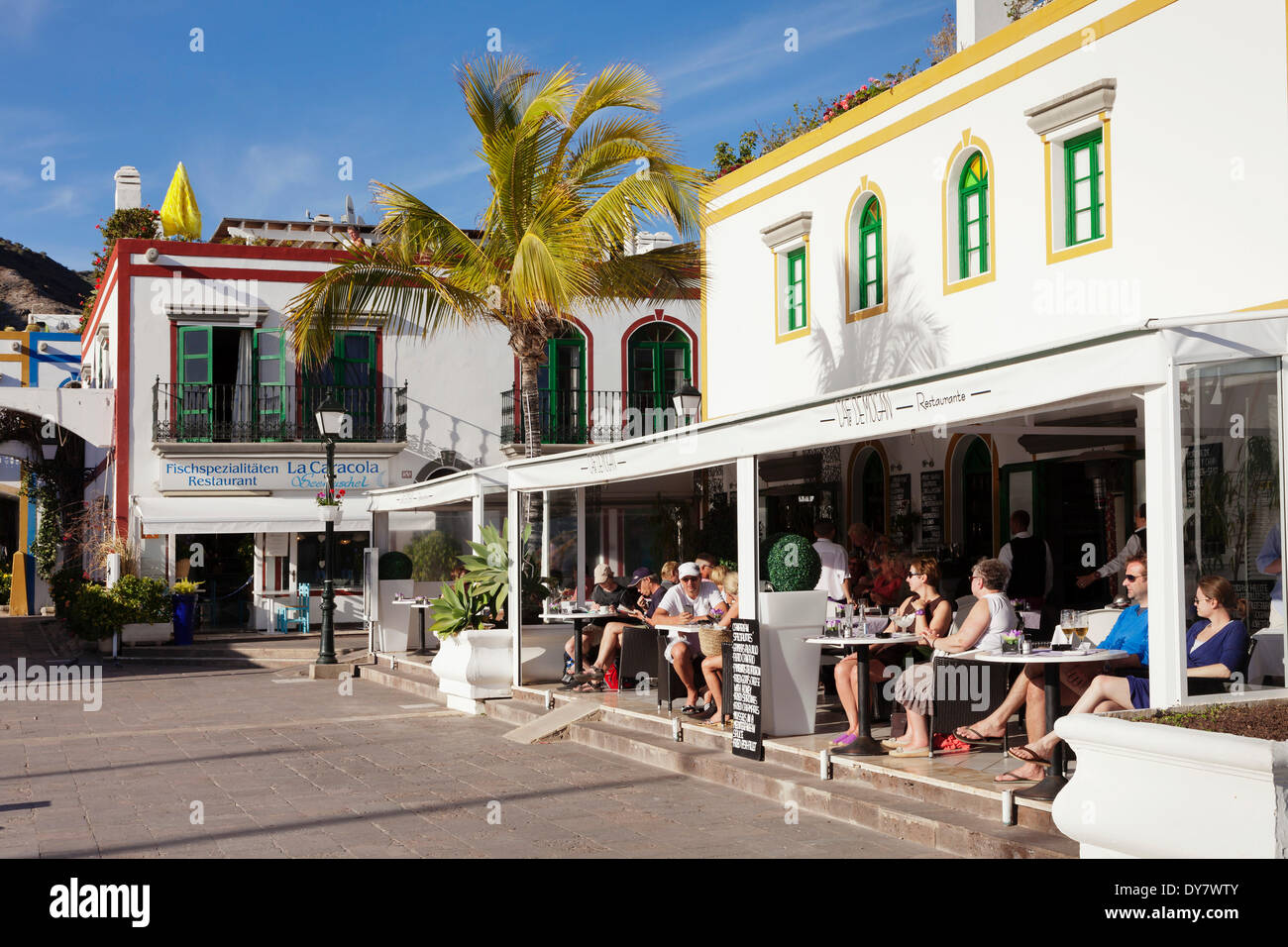 Restaurants and waterfront on the harbor, Puerto de Mogán, Gran Canaria,  Canary Islands, Spain Stock Photo - Alamy