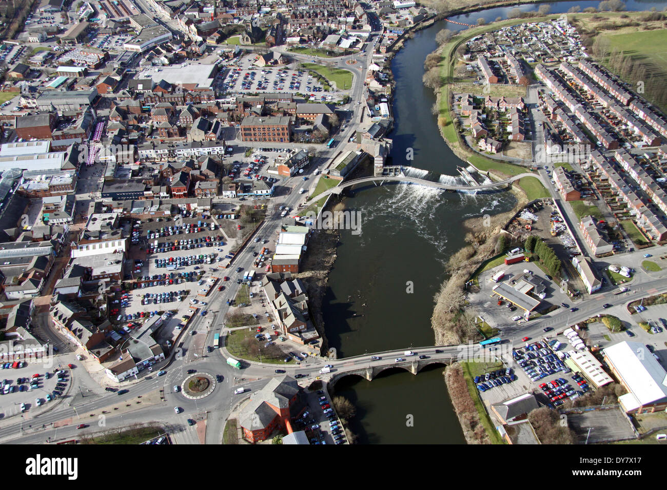 aerial view of Castleford in West Yorkshire with the two bridges over the River Aire Stock Photo
