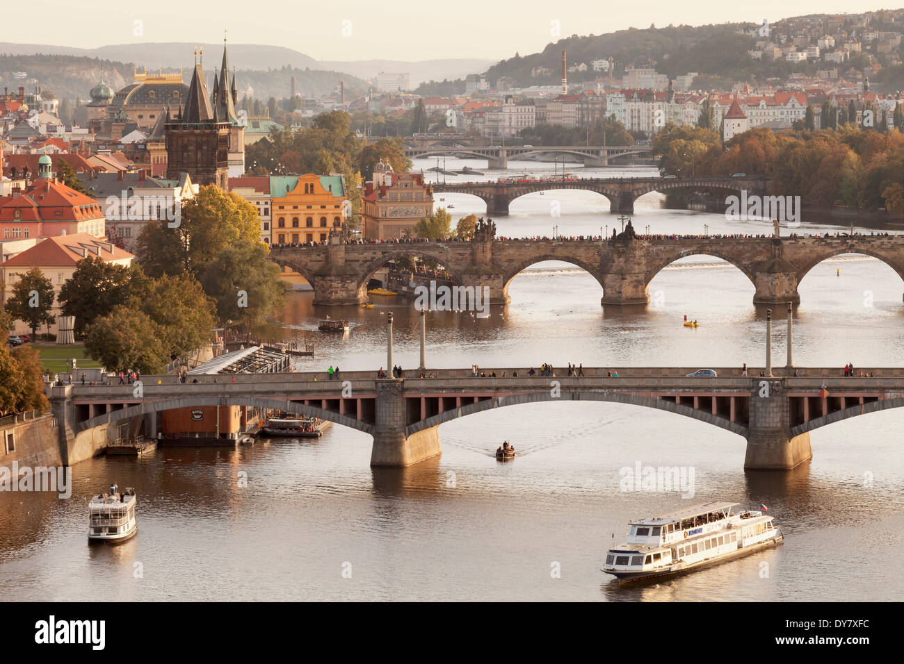 View from Letna hill over the Vltava River with its bridges to the Old Town with the historic Old Town Bridge Tower, Prague Stock Photo