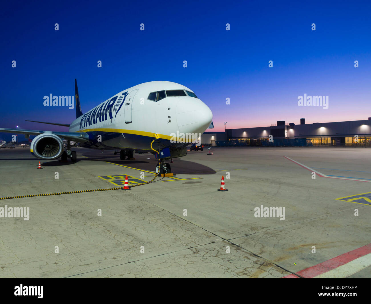Boeing 737 airliner of the budget airline Ryanair on the runway, Frankfurt-Hahn Airport, Rhineland-Palatinate, Germany Stock Photo