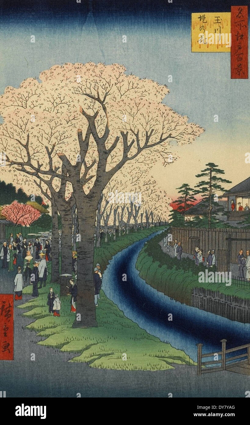 Utagawa Hiroshige One Hundred Famous Views of Edo - No. 42 Blossoms on the Tama River Embankment Stock Photo