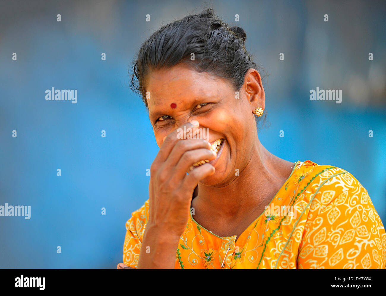 Smiling woman with a bindi, Kerala, South India, India Stock Photo