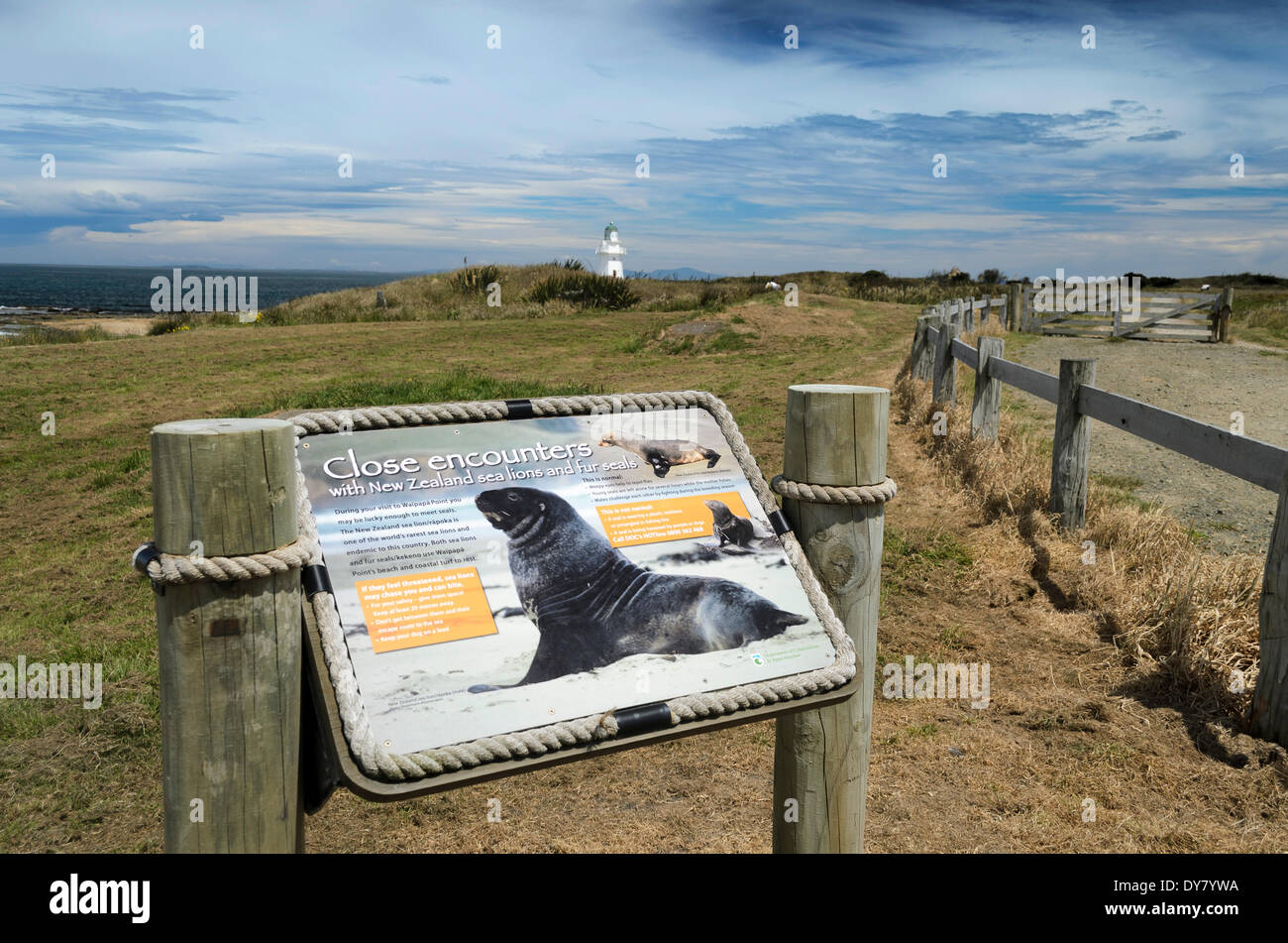Information board for sea lions, Waipapa Point, Otara, Fortrose, Southland Region, South Island, New Zealand Stock Photo