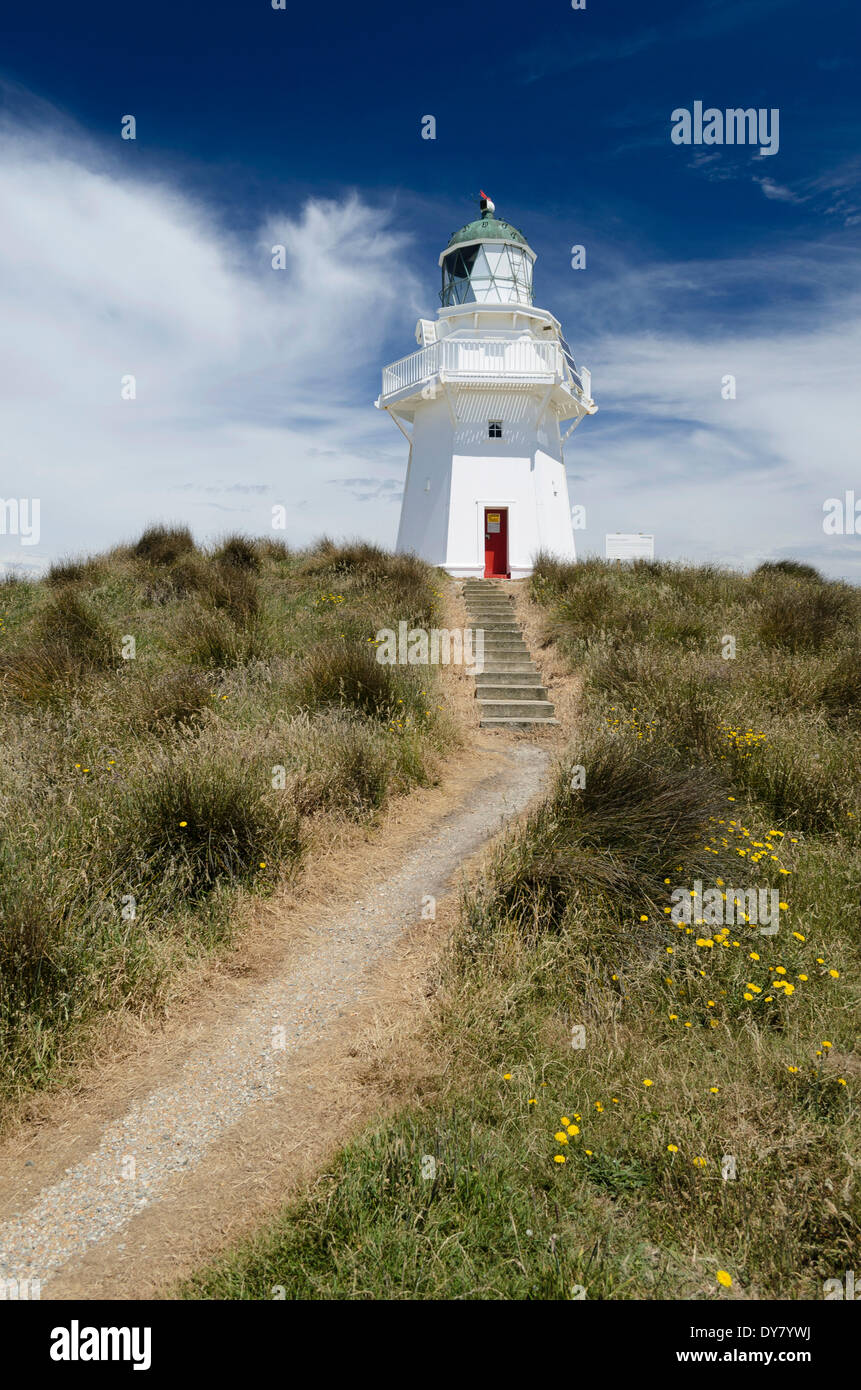 Lighthouse with path and stairs at Waipapa Point, Otara, Fortrose, Southland Region, South Island, New Zealand Stock Photo