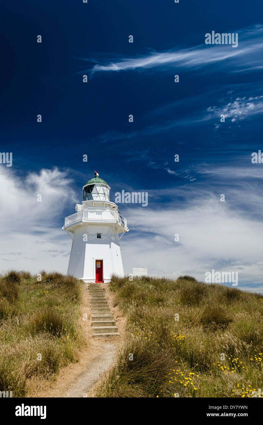Lighthouse with path and stairs at Waipapa Point, Otara, Fortrose, Southland Region, South Island, New Zealand Stock Photo