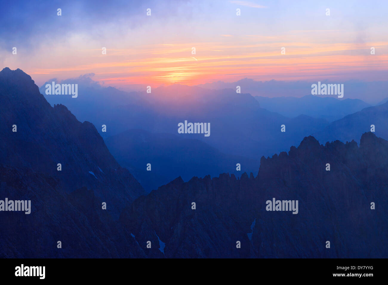 Summer solstice with fog in the Karwendel, Tyrol, Austria Stock Photo