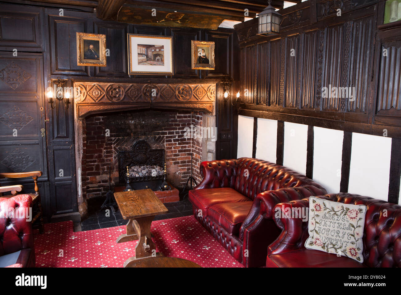 UK, England, East Sussex, Rye, Mermaid Inn, stone fireplace made from ship’s ballast Stock Photo