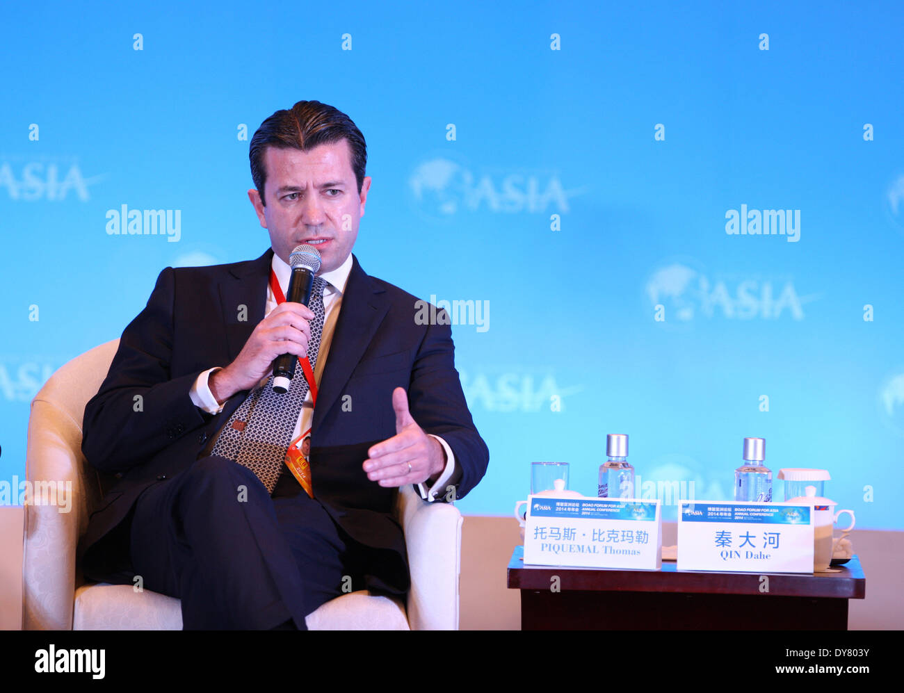 Boao, China's Hainan Province. 9th Apr, 2014. Thomas Piquemal, chief financial officer of Electricite De France, speaks at a forum on new findings on climate change during the Boao Forum for Asia (BFA) Annual Conference 2014 in Boao, south China's Hainan Province, April 9, 2014. © Wang Jingqiang/Xinhua/Alamy Live News Stock Photo