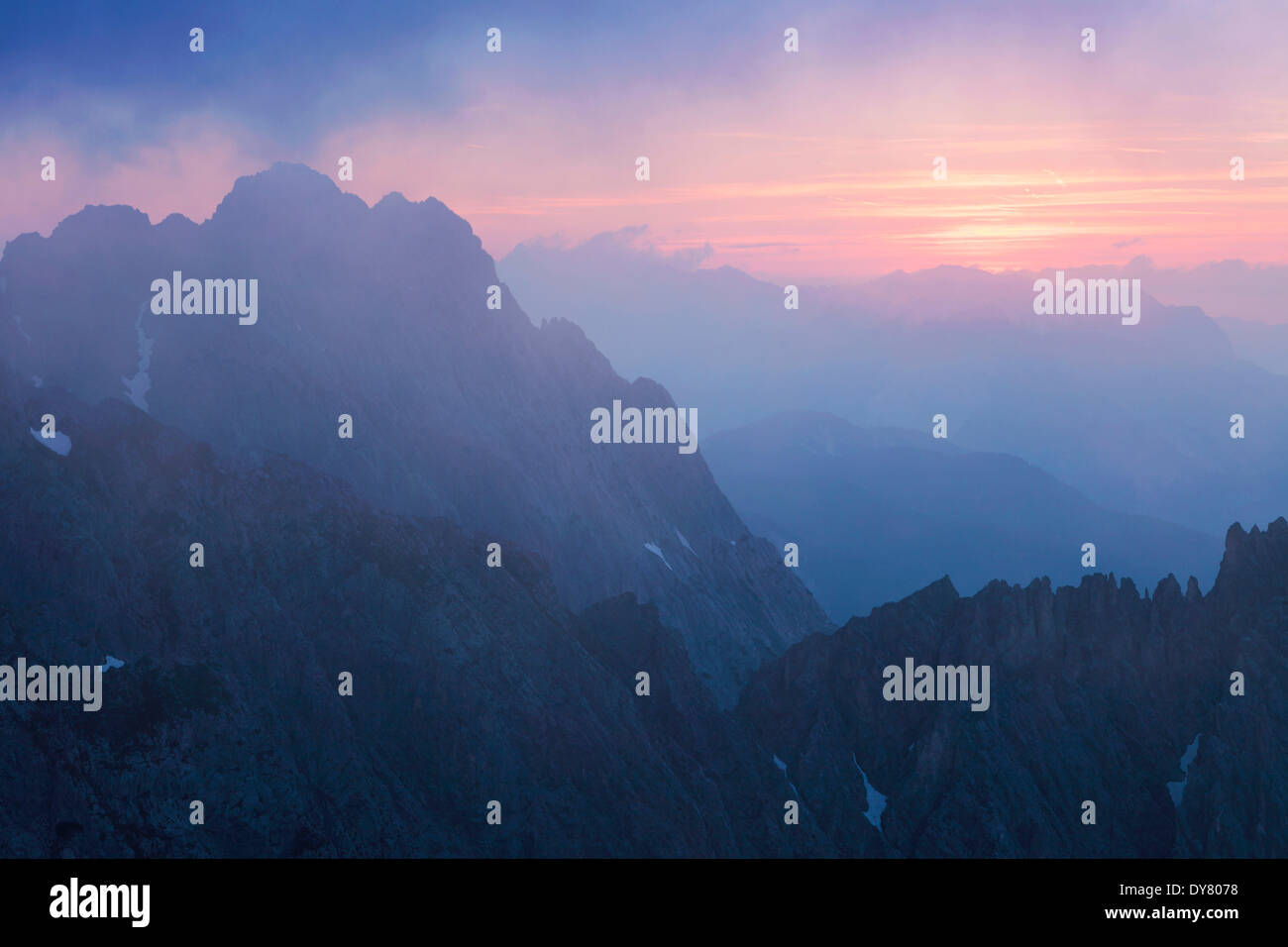 Summer solstice with fog in the Karwendel, Tyrol, Austria Stock Photo