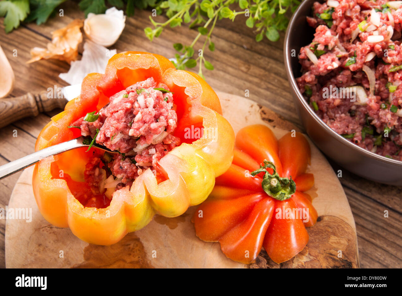 Filled beefsteak tomato, Low Carb Stock Photo Alamy