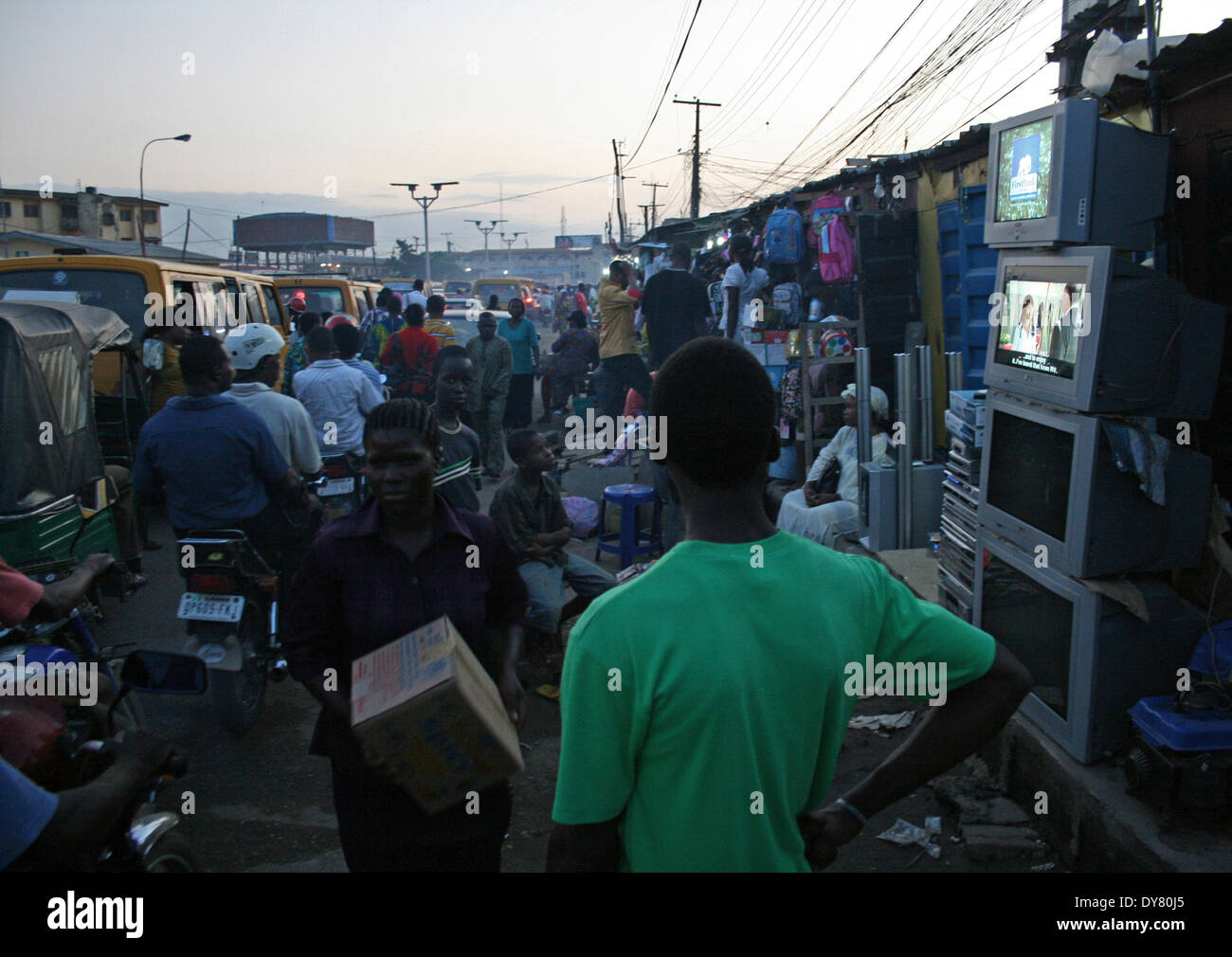 Television sets on display in the commercial district of Lagos, Nigeria on October 9, 2009. With advances in technology, more Ni Stock Photo