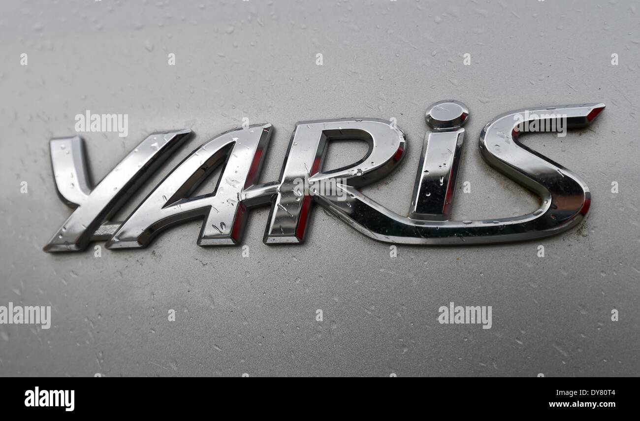 Fuerstenwalde, Germany. 09th Apr, 2014. View of the Yaris lettering on a used Toyota car built 2005 in Fuerstenwalde, Germany, 09 April 2014. According to media reports on 09 April 2014, Toyota will recall more than six million cars of 27 different models worldwide. Photo: Patrick Pleul/dpa/Alamy Live News Stock Photo