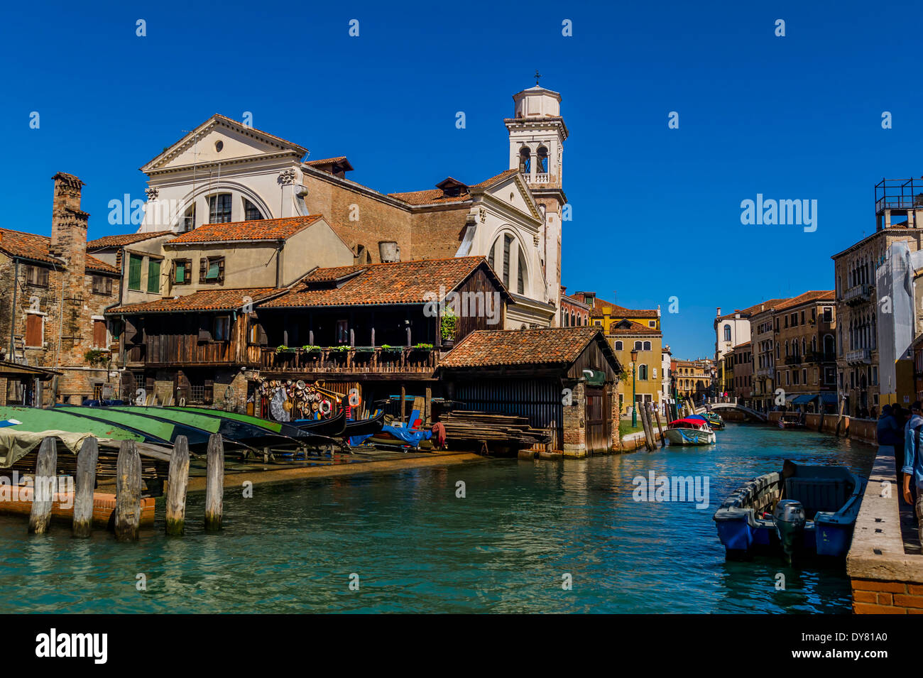 Italy, Venice, Gondola builder at Rio di San Trovaso Stock Photo