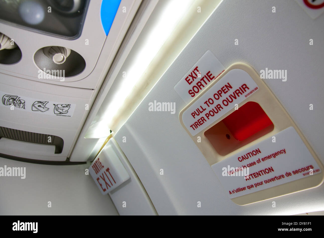 Emergency exit front cabin on an ATR 42/72 aircraft Stock Photo