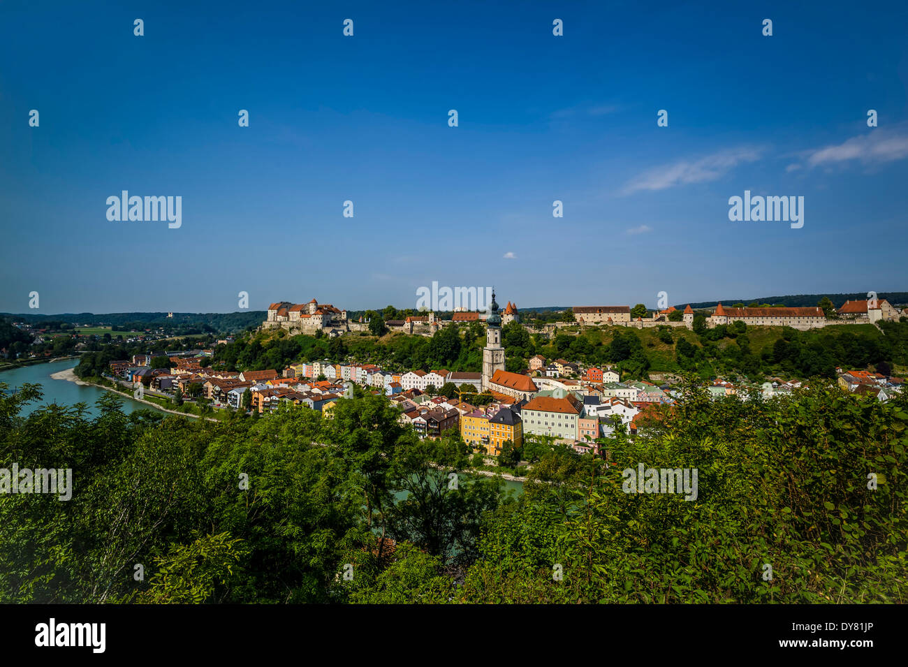 Germany, Bavaria, Burghausen, Cityscape with castle and church Stock Photo