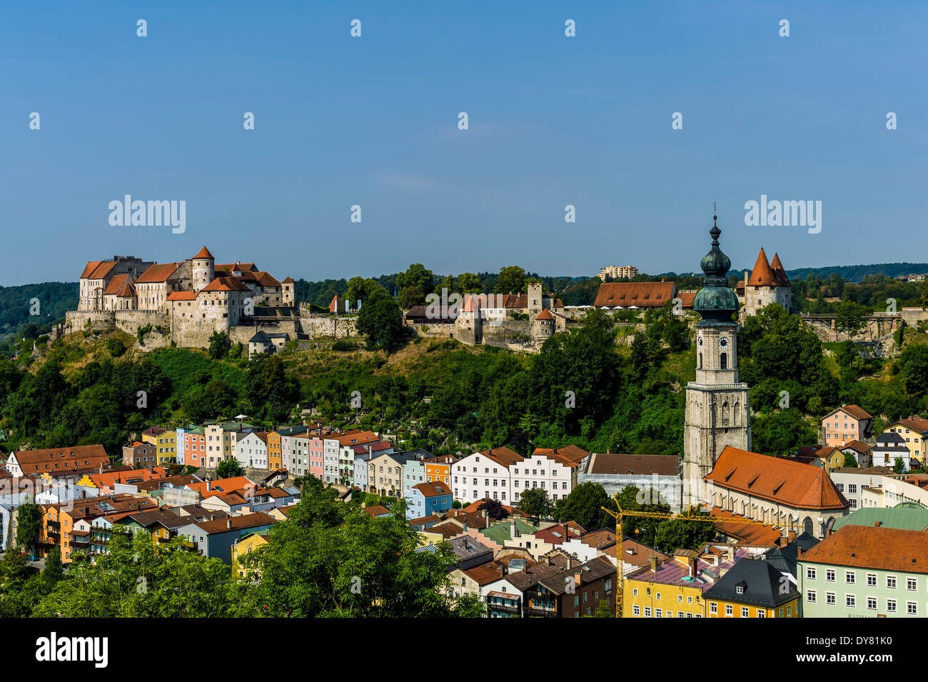 Germany, Bavaria, Burghausen, Cityscape with castle and church Stock Photo