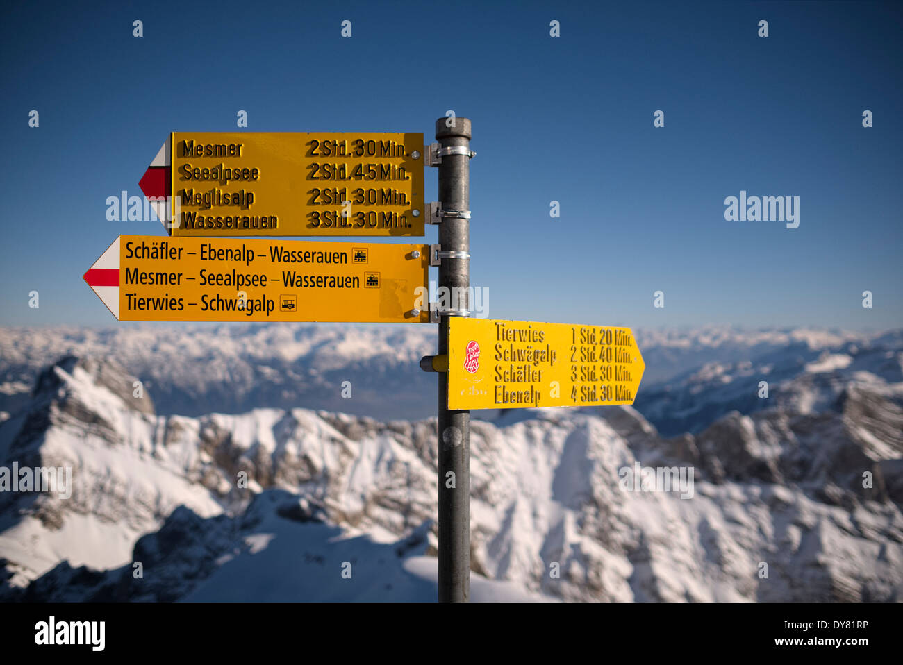 Switzerland, Canton of Appenzell Ausserrhoden, signpost at Saentis mountain Stock Photo