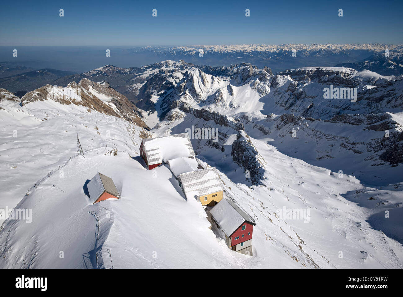 Switzerland, Canton of Appenzell Ausserrhoden, mountain inns at Saentis, in the background Appenzell Alps Stock Photo