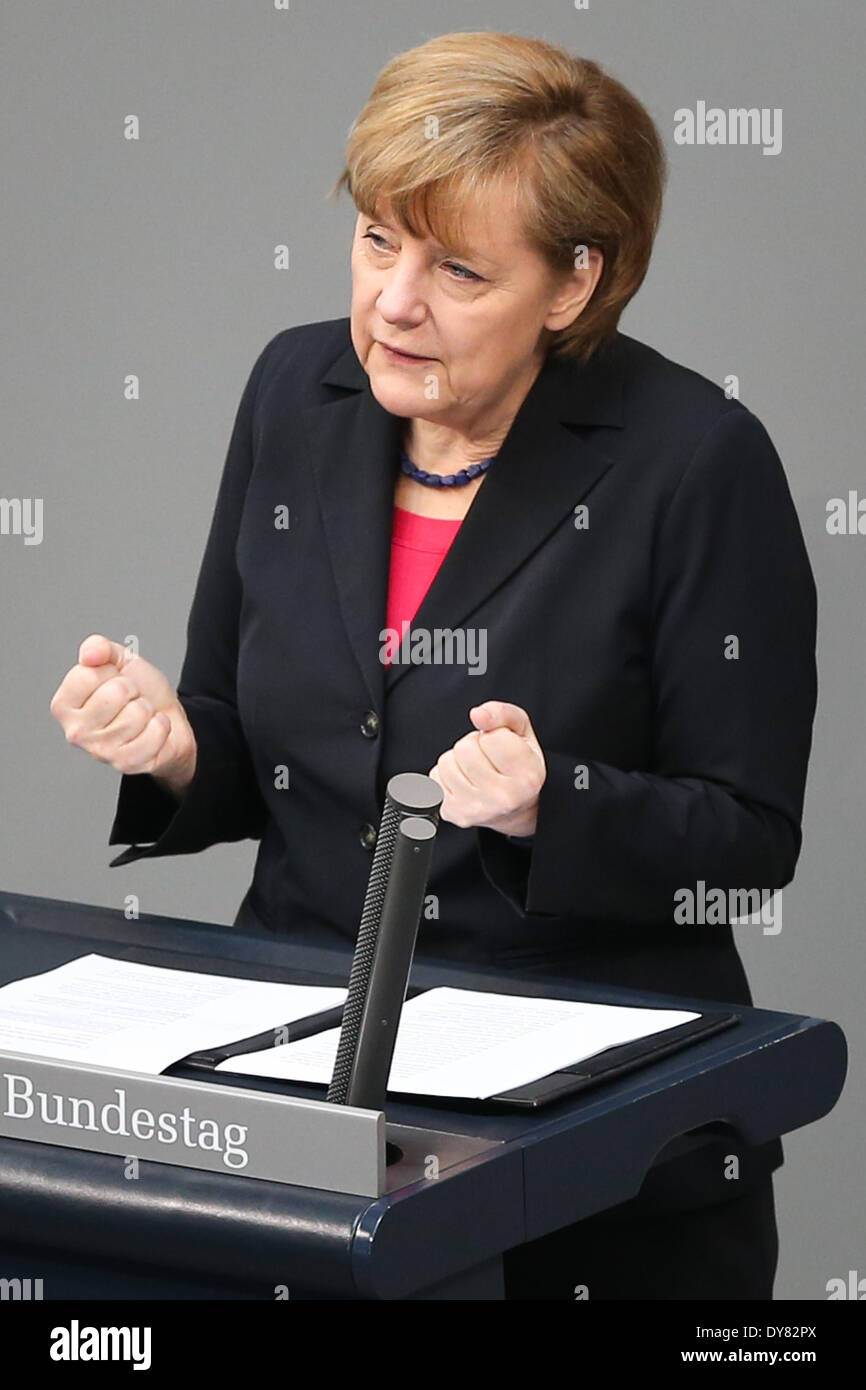 Berlin, Germany. 9th Apr, 2014. German Chancellor Angela Merkel speaks during a debate on the 2014 federal budget at the Bundestag, the lower house of parliament, in Berlin, Germany, on April 9, 2014. Credit:  Zhang Fan/Xinhua/Alamy Live News Stock Photo