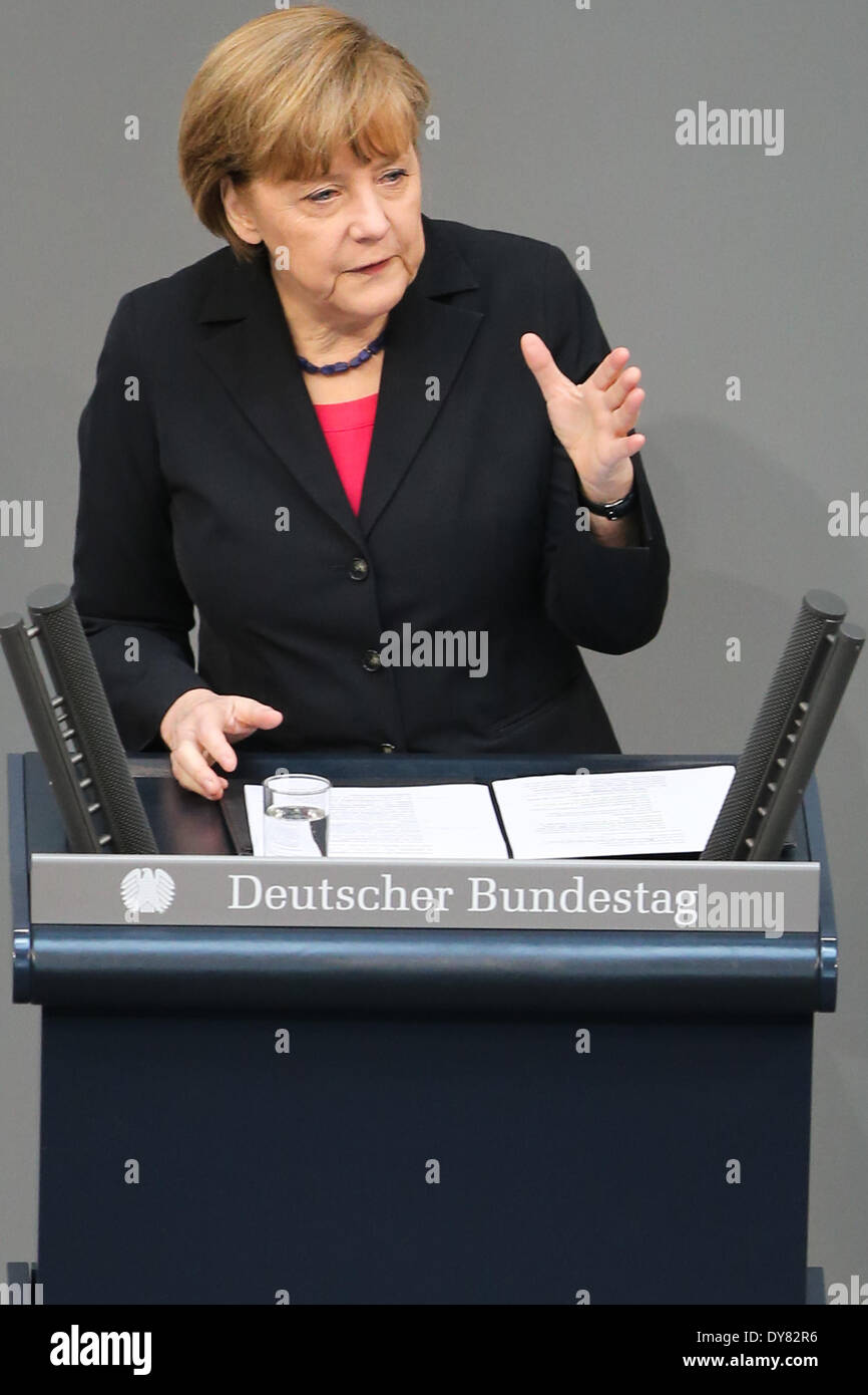 Berlin, Germany. 9th Apr, 2014. German Chancellor Angela Merkel speaks during a debate on the 2014 federal budget at the Bundestag, the lower house of parliament, in Berlin, Germany, on April 9, 2014. Credit:  Zhang Fan/Xinhua/Alamy Live News Stock Photo