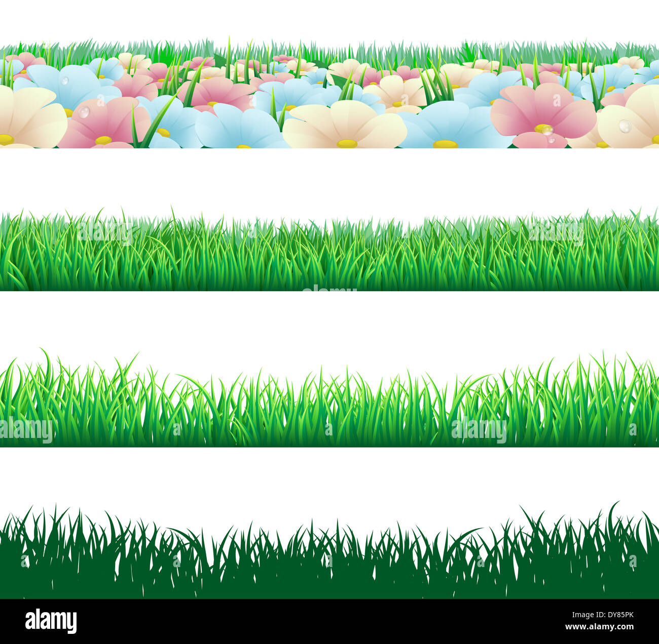 A set of seamlessly tilable grass and flower footer deign elements Stock Photo