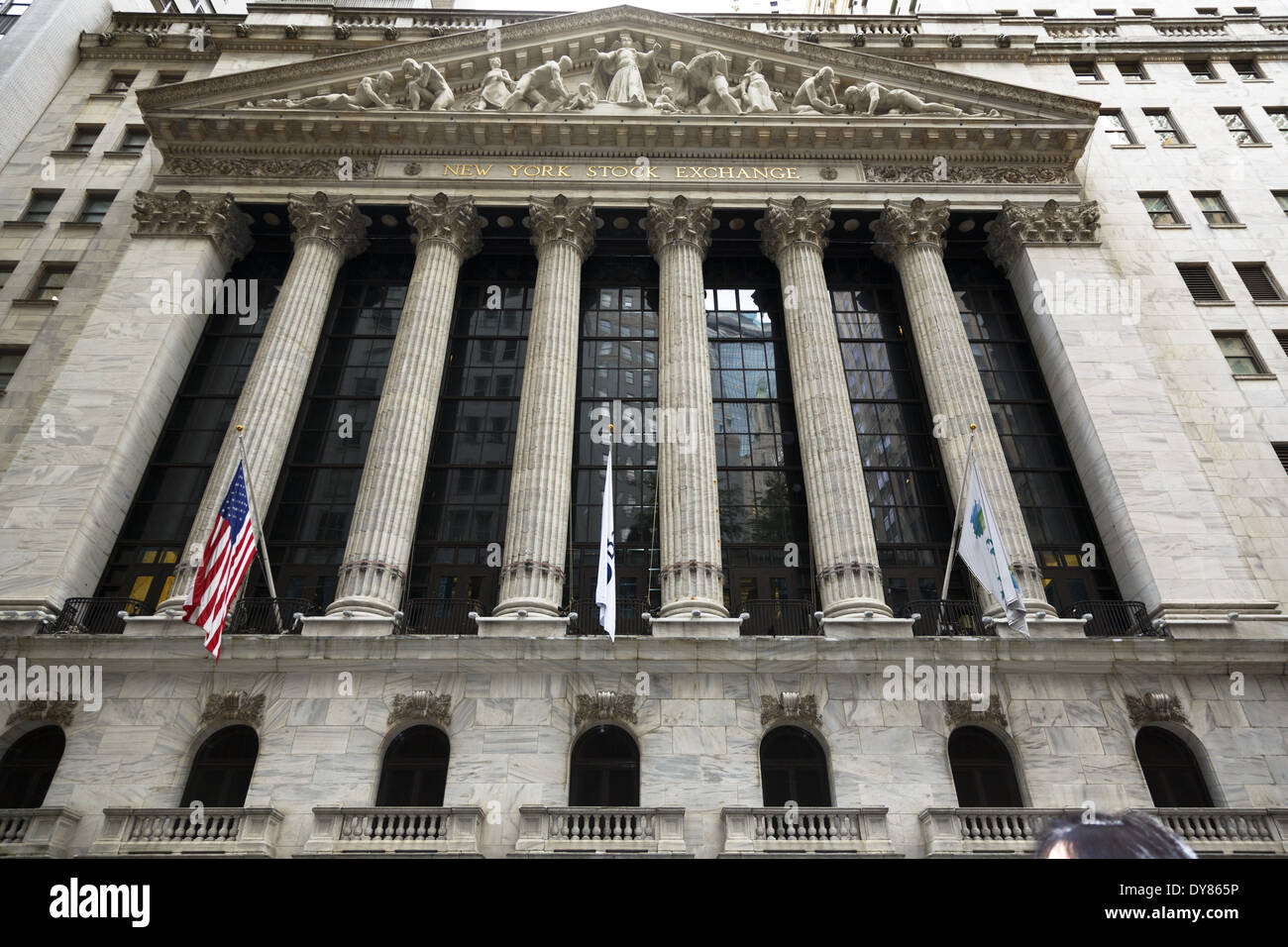 Columns at the front of the New York Stock Exchange  in the Financial District in Lower Manhattan, New York City USA Stock Photo