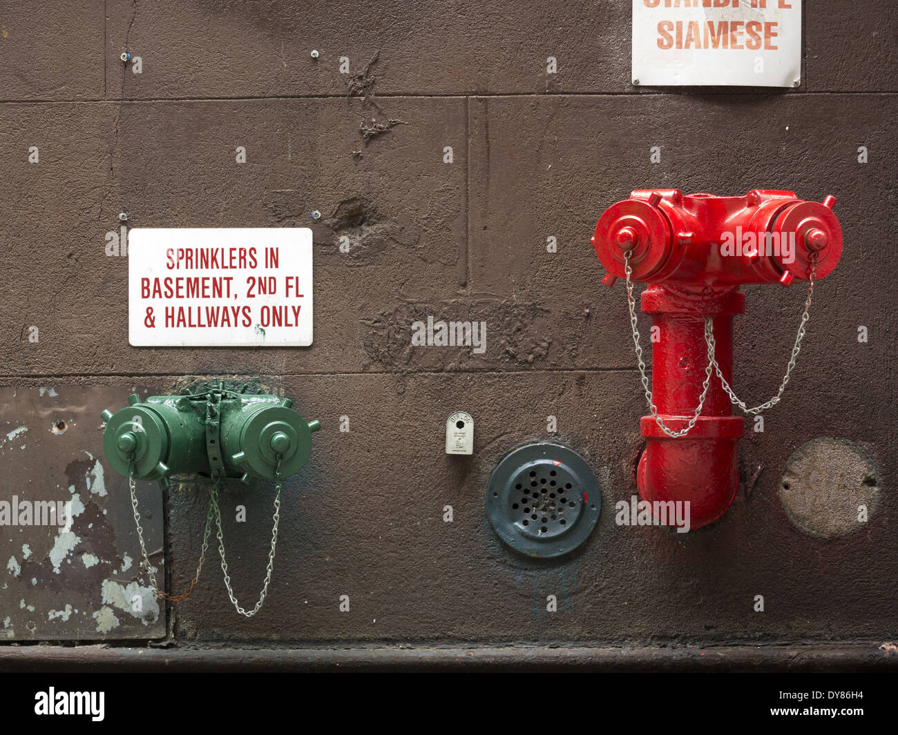 American Siamese standpipe connections for fire emergency services Stock Photo