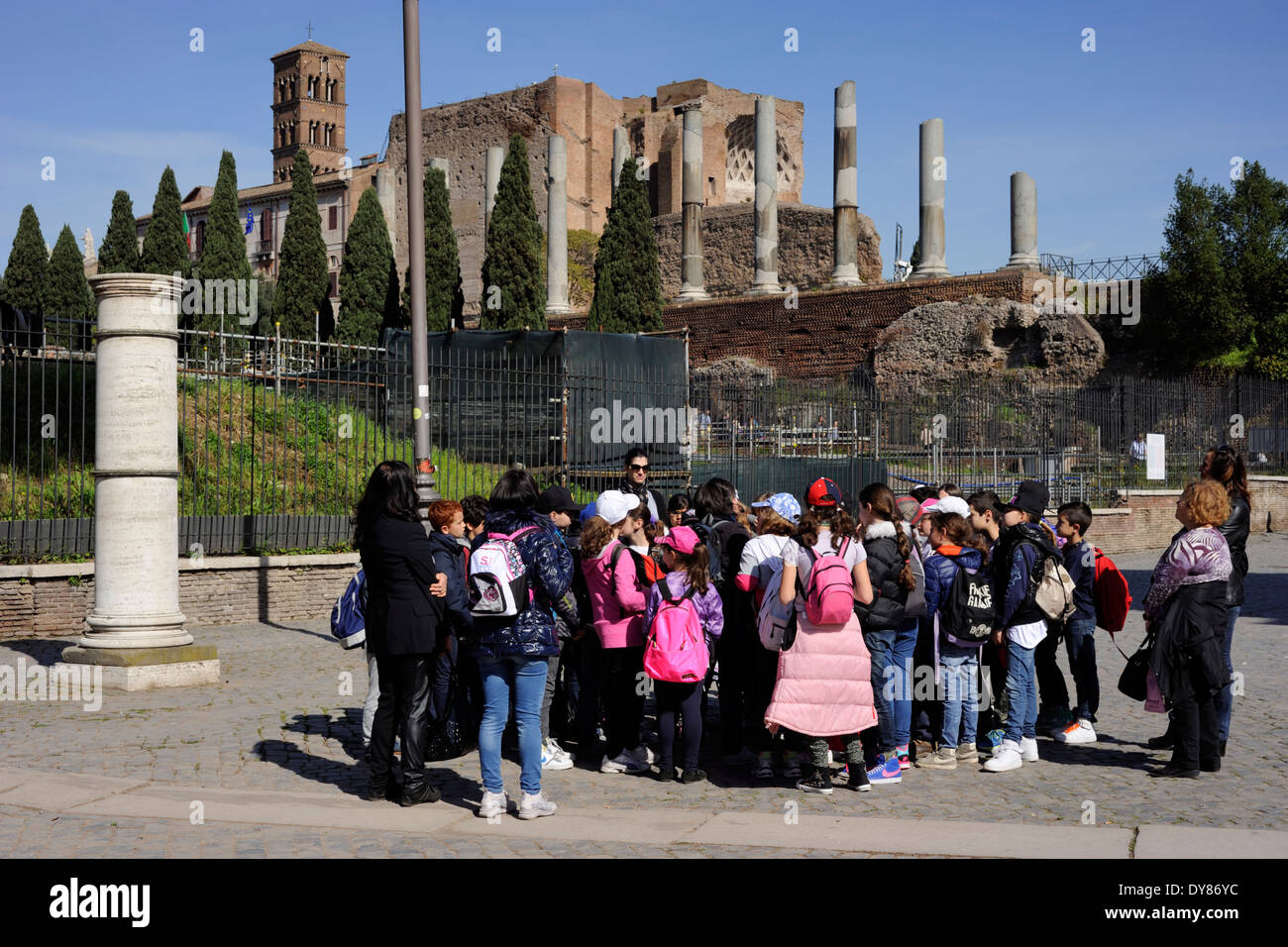 Italy, Rome, school group and Roman Forum Stock Photo