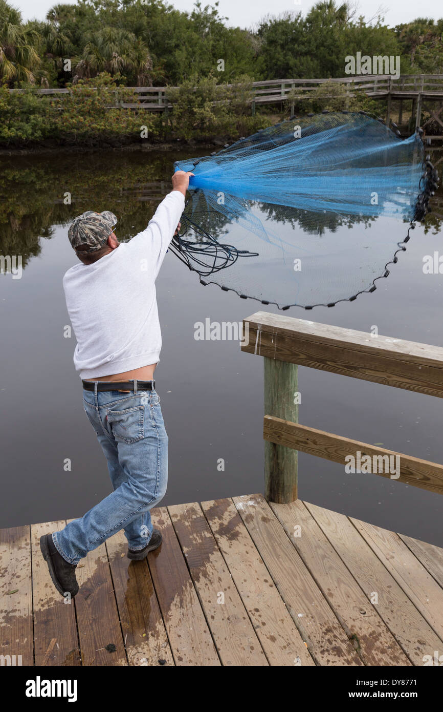 Fisherman Throwing Cast Net Off Dock, FL, USA Stock Photo