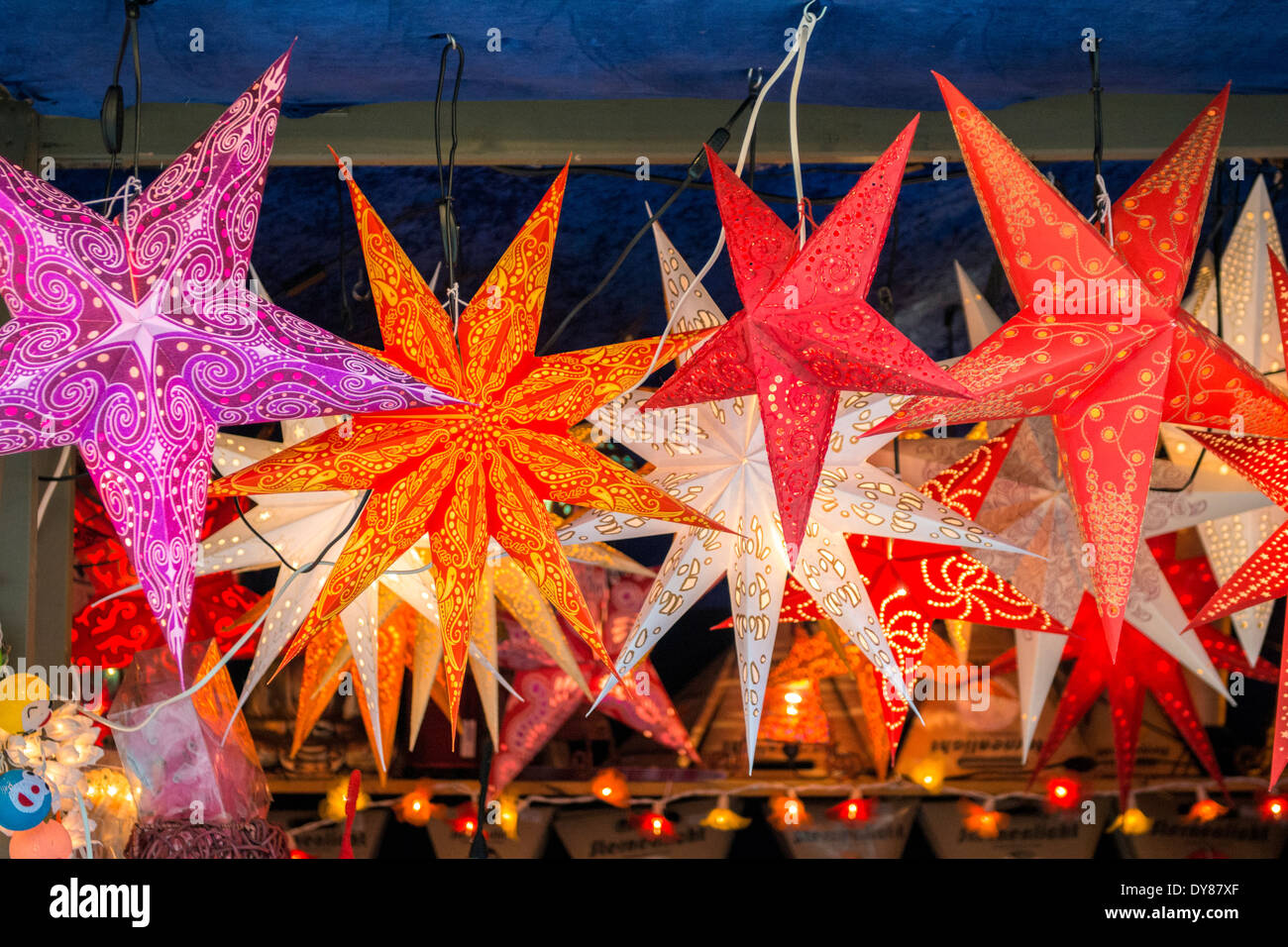 Star shaped paper lanterns, Christmas market, Rothenburg, Germany Stock