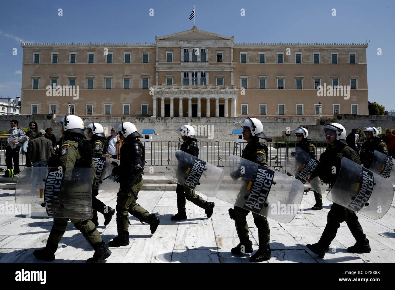 Athes Gui Riot Athens, Greece. 09th Apr, 2014. Riot police officers walks in front of ...