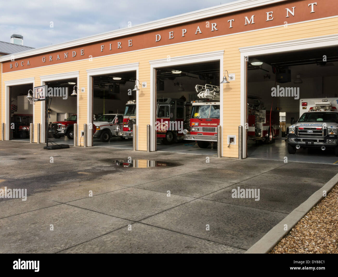 Fire Station with Truck Bays Open, Boca Grande, Gasparilla Island, FL,USA Stock Photo