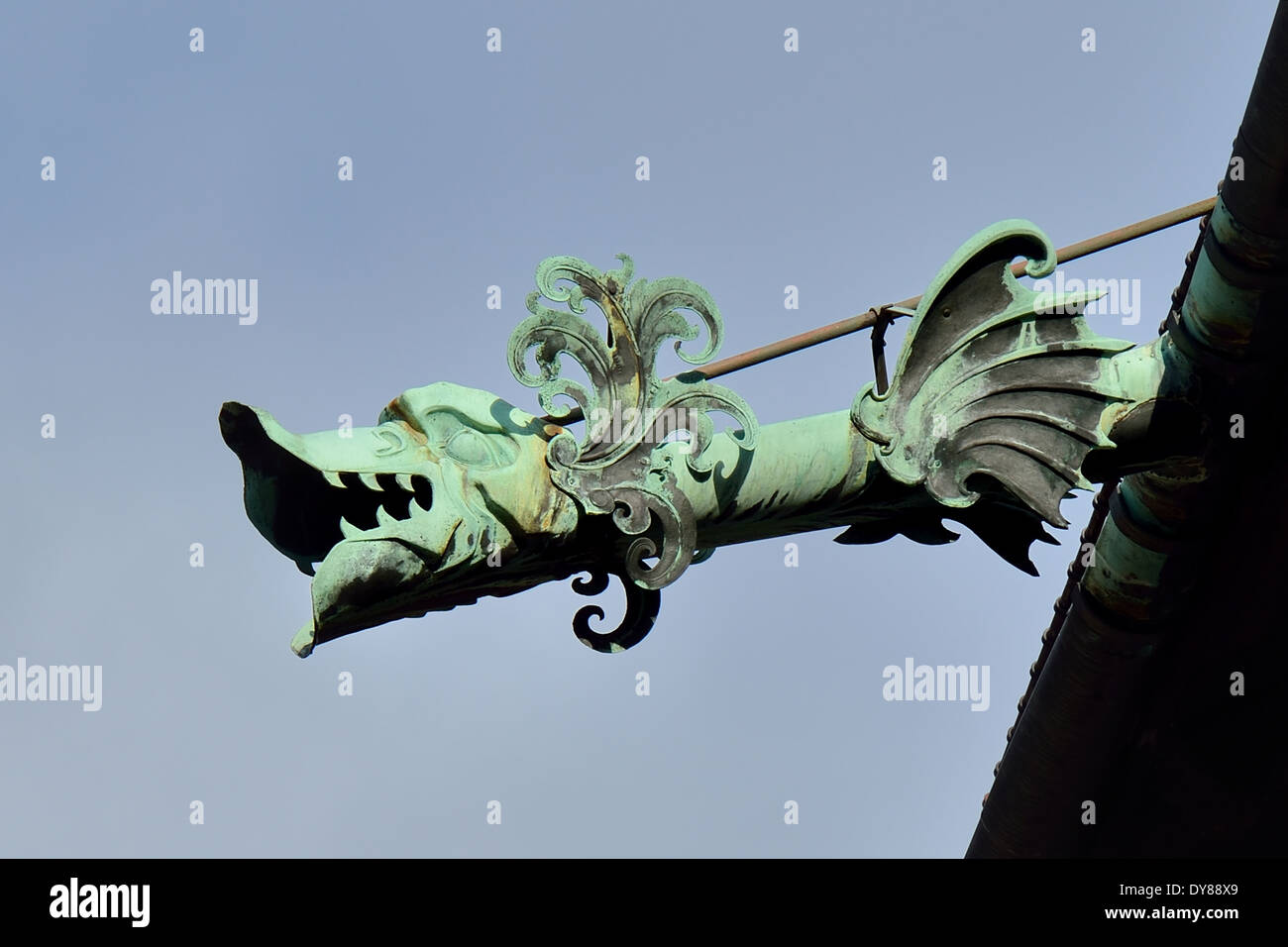 The Royal Castle on Wawel Hill detail of Dragon head roof gutter on castle courtyard. Stock Photo