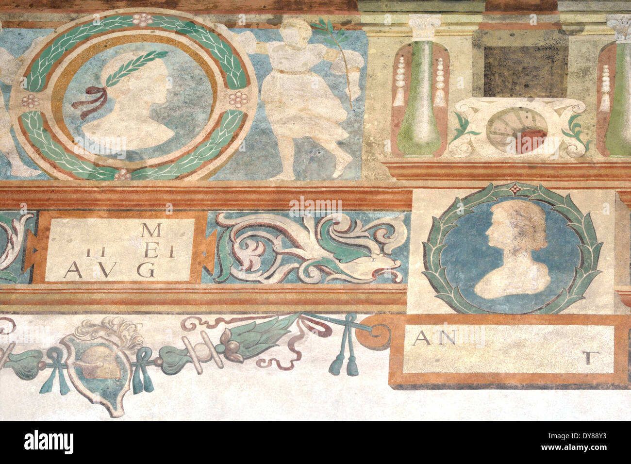 Royal Castle,Wawel Hill, detail of frescos on upper floor of courtyard Stock Photo