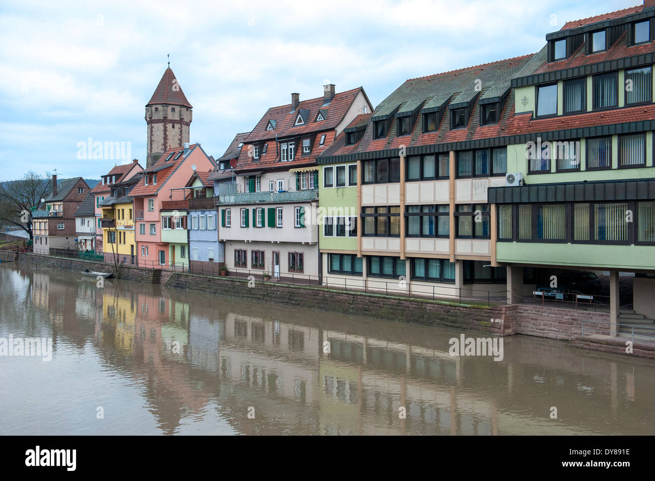 Buildings along Tauber River, Wertheim, Germany Stock Photo