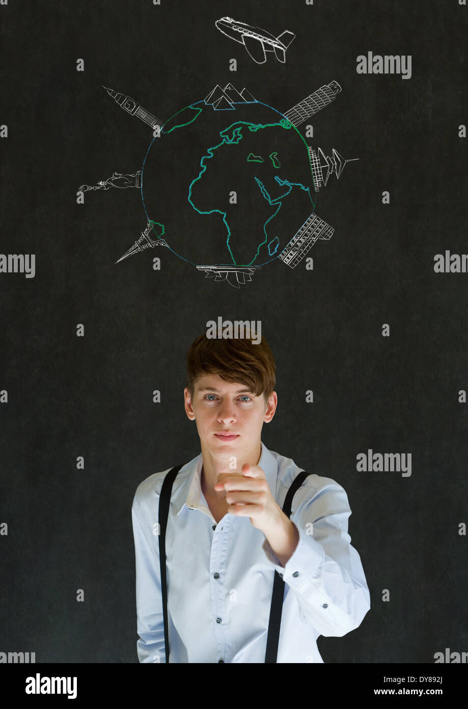 Business travel agent chalk airplane world globe with famous landmarks