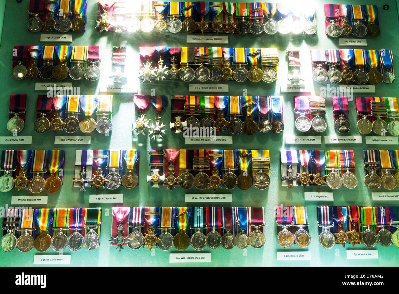 Medal display cabinet OBE MBE DCM DSO MC military cross Lincoln City Lincolnshire UK GB England Stock Photo