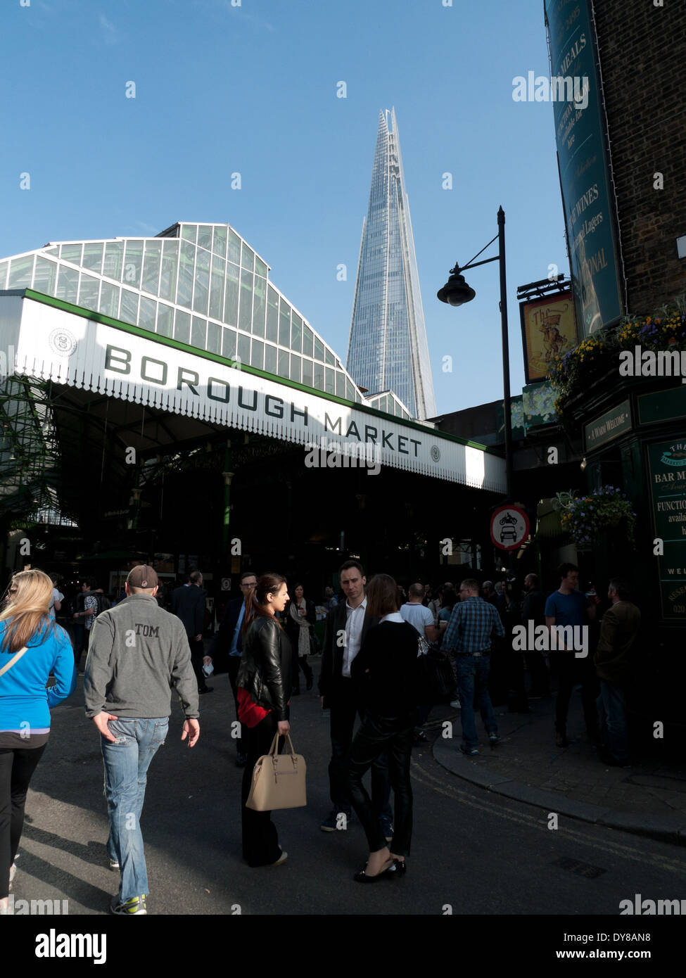 Borough Market sign vertical view with the Shard, entrance, people in street at London Bridge in Southward South London UK    KATHY DEWITT Stock Photo