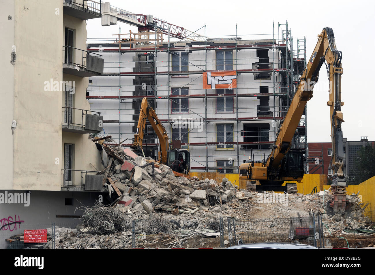 House, Home, demolition, apartment, excavator, construction, remains, rubble, Lugano, Switzerland, Ticino, Stock Photo
