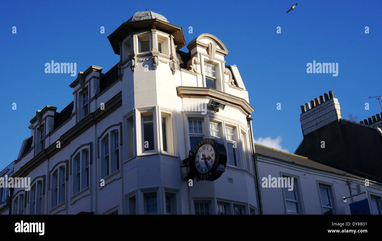 Architectural features and clock of former Northern Rock bank building, Northumberland Street, Newcastle upon Tyne Stock Photo