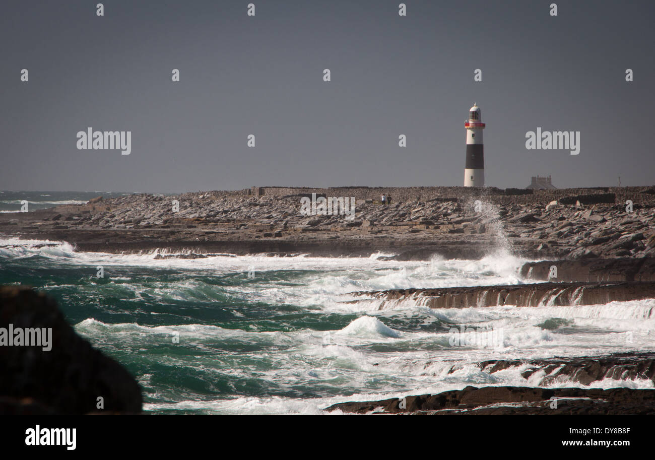 Lighthouse on stormy rocky shoreline of Inis Oirr on the Aran Islands in Ireland Stock Photo