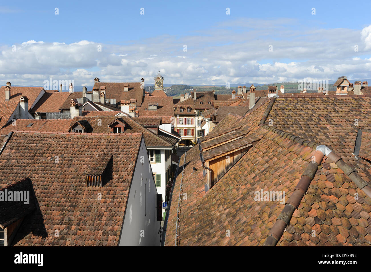 Switzerland, canton, Freiburg, Murten, Morat, roofs, tower, Stock Photo